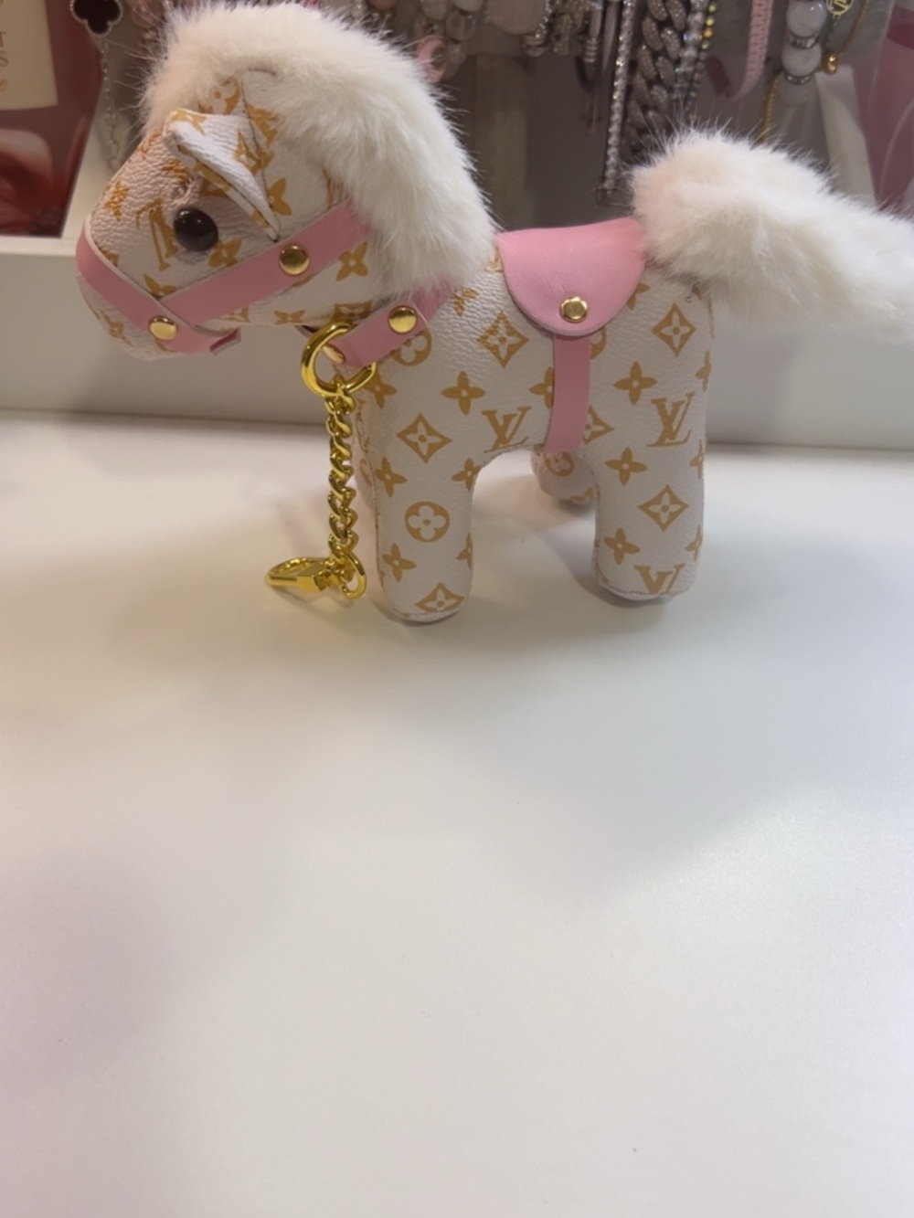 Luxury inspired Monogram Pony Bag Charm Keychain - Pink & Gold - Picture 3 of 7
